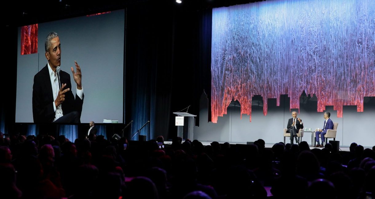 President Barack Obama speaks at Greenbuild 2019 in Atlanta on Tuesday, November 20, 2019, with Mahesh Ramanujam, CEO of the United States Green Building Council. (Photo by Oscar & Associates)